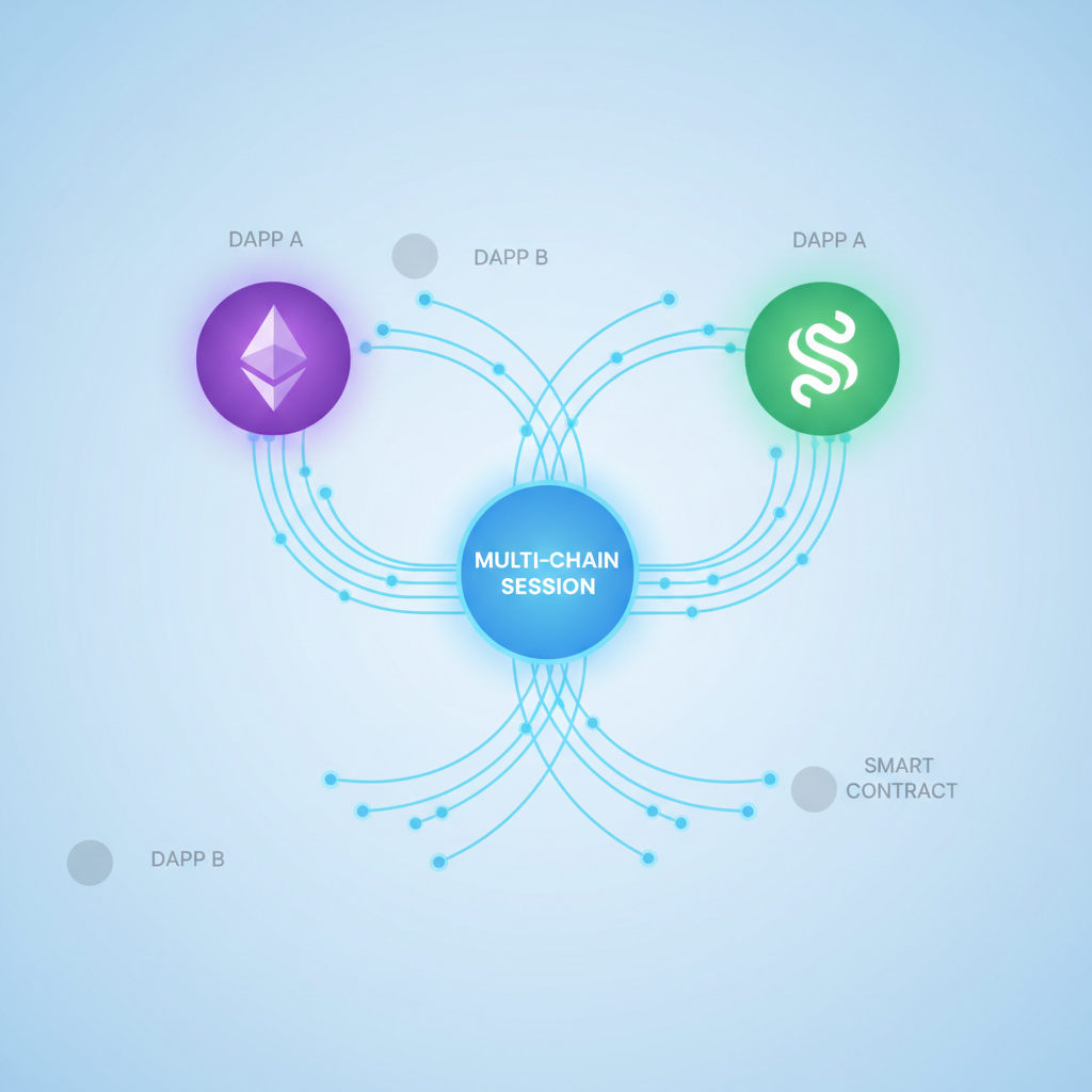 Ethereum and Solana chain icons linking in a multi-chain session diagram, glowing nodes