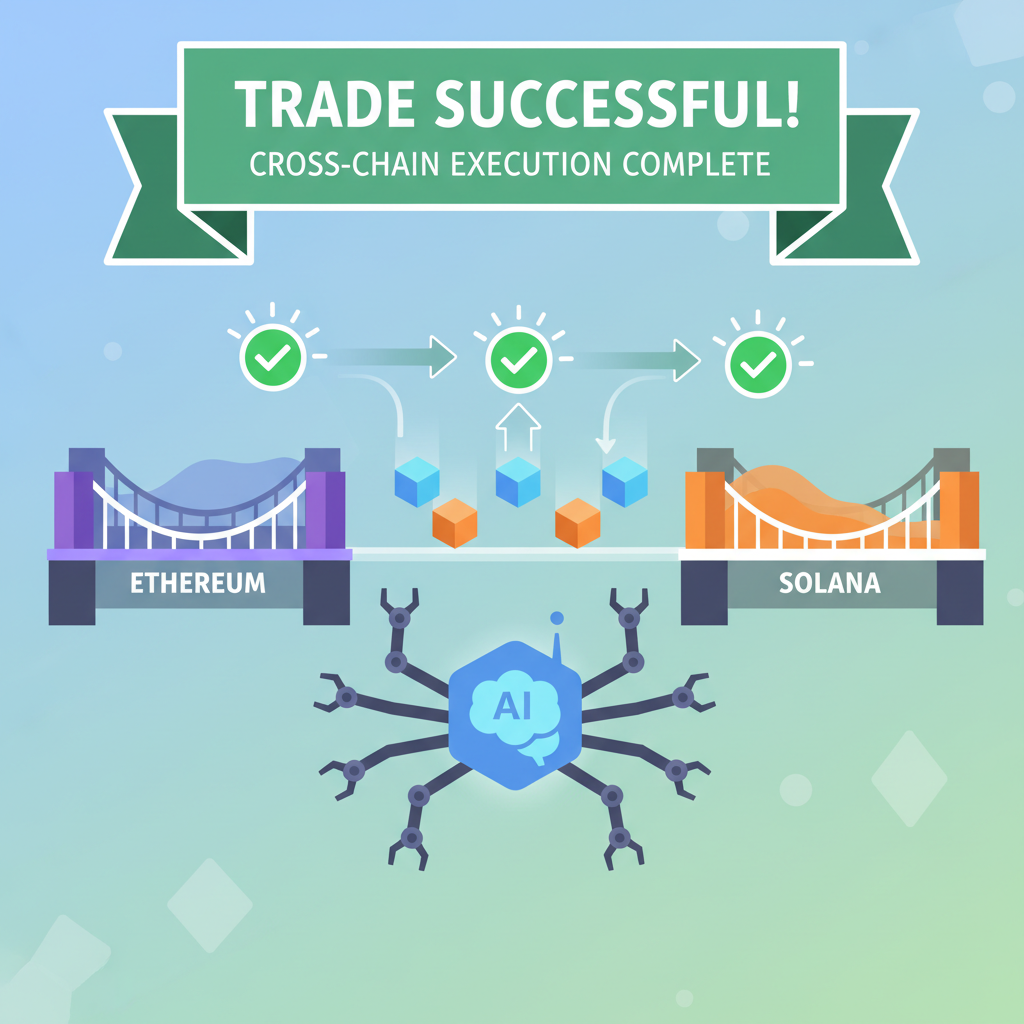AI agent executing trades across Ethereum Solana bridges, success animations, green checkmarks