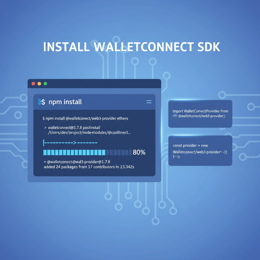 Developer terminal installing WalletConnect SDK, code snippets on screen, futuristic UI, blue tones