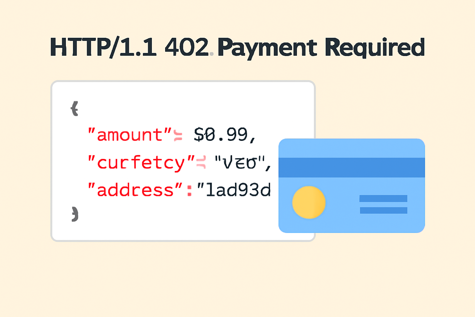 HTTP response with status 402 and JSON body showing payment details (amount, currency, address)