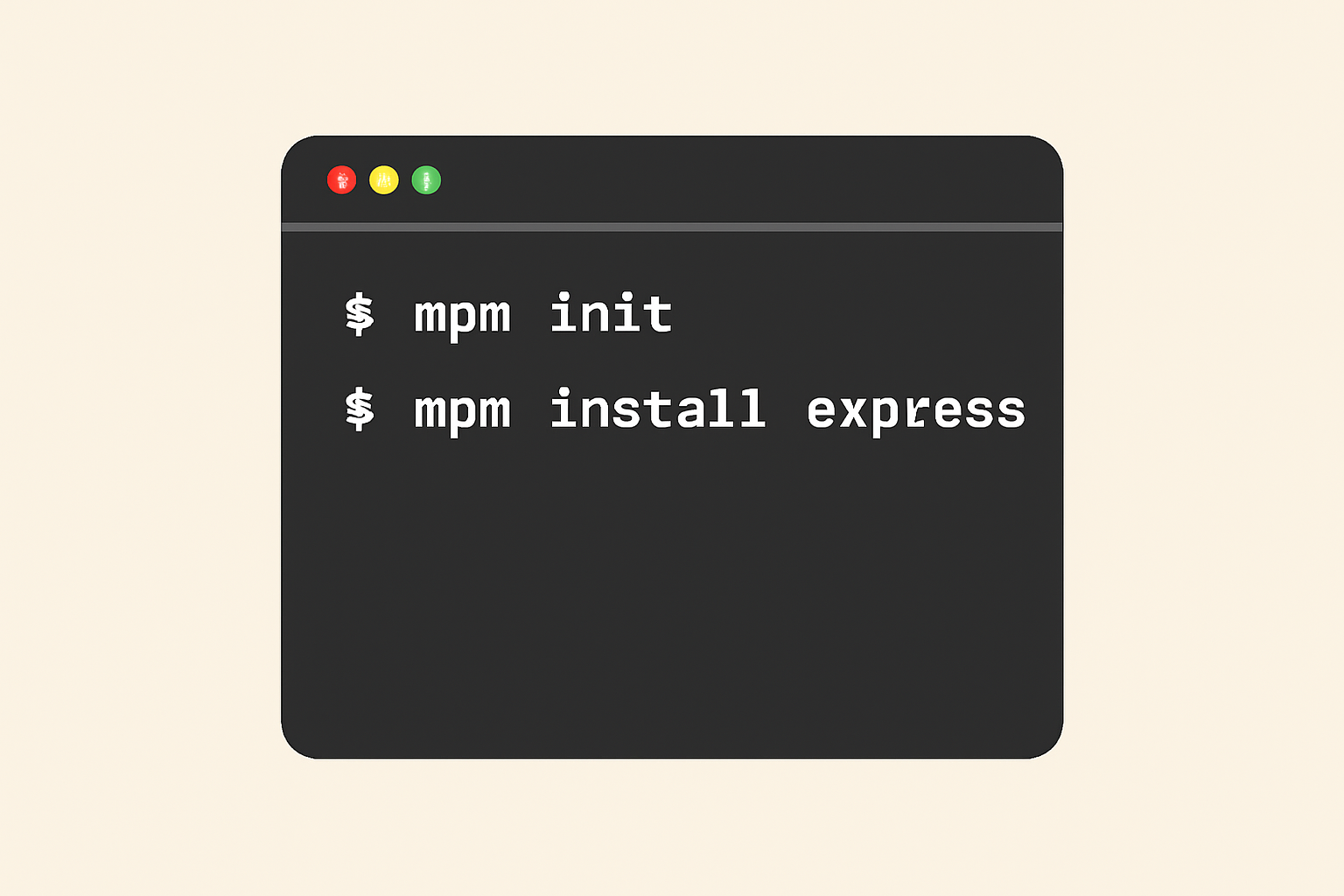 A terminal window showing 'npm init' and 'npm install express' commands being run in a new project folder
