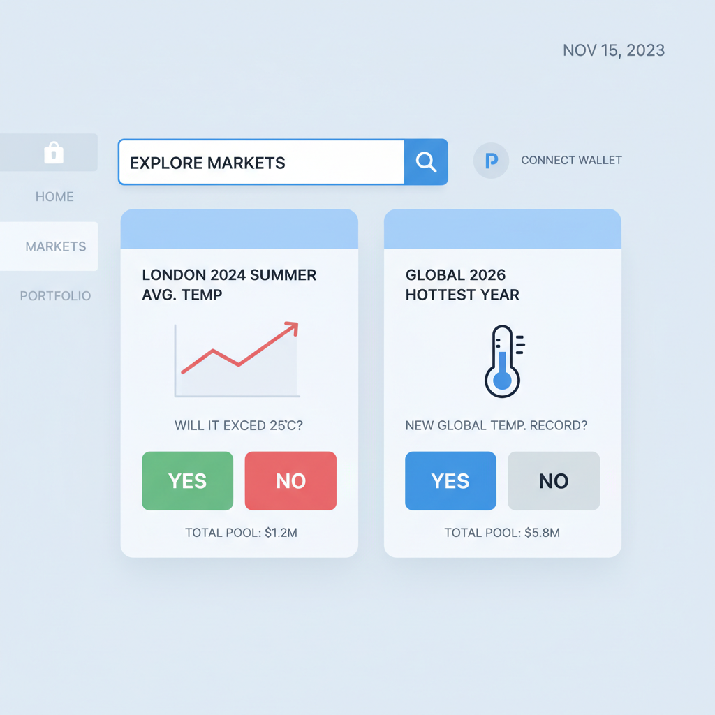 Polymarket dashboard screenshot showing London temp and global 2026 hottest year markets