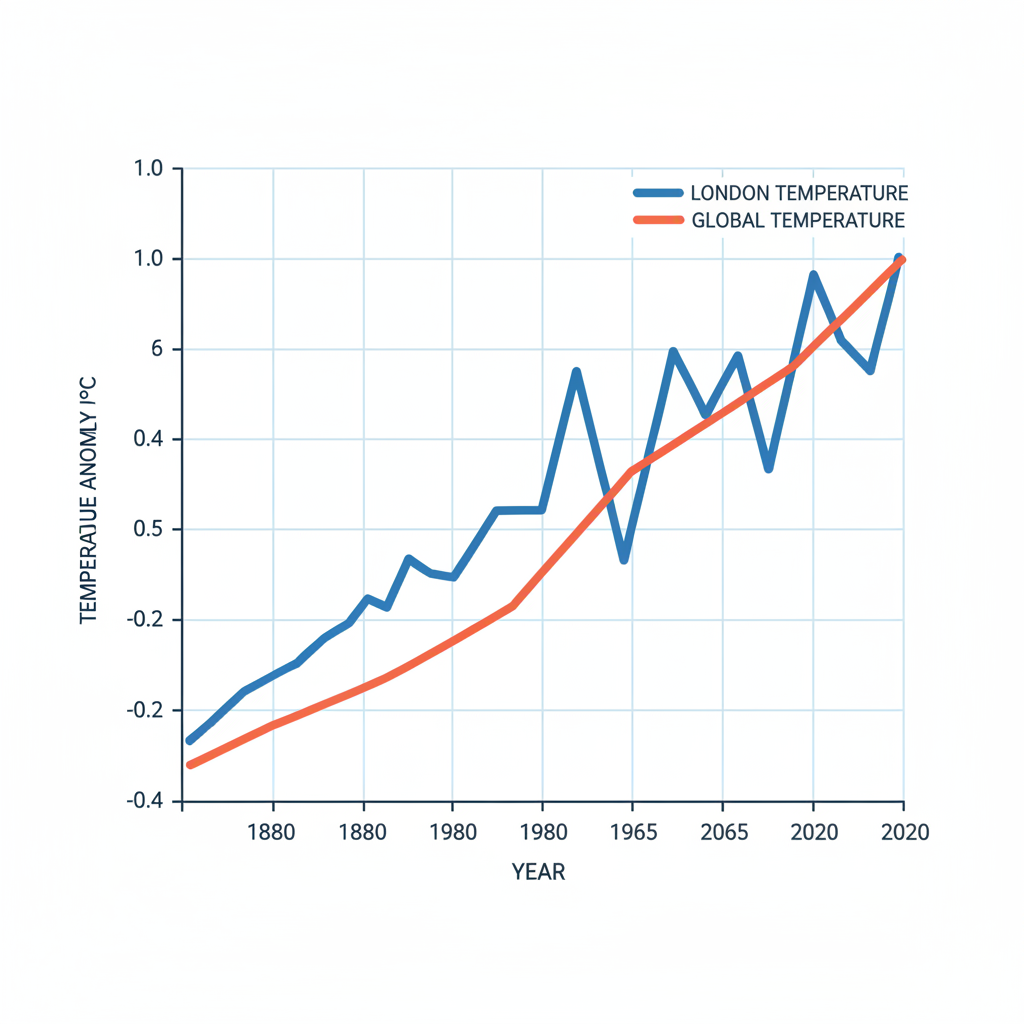 Line graph correlating London and global temperatures over time
