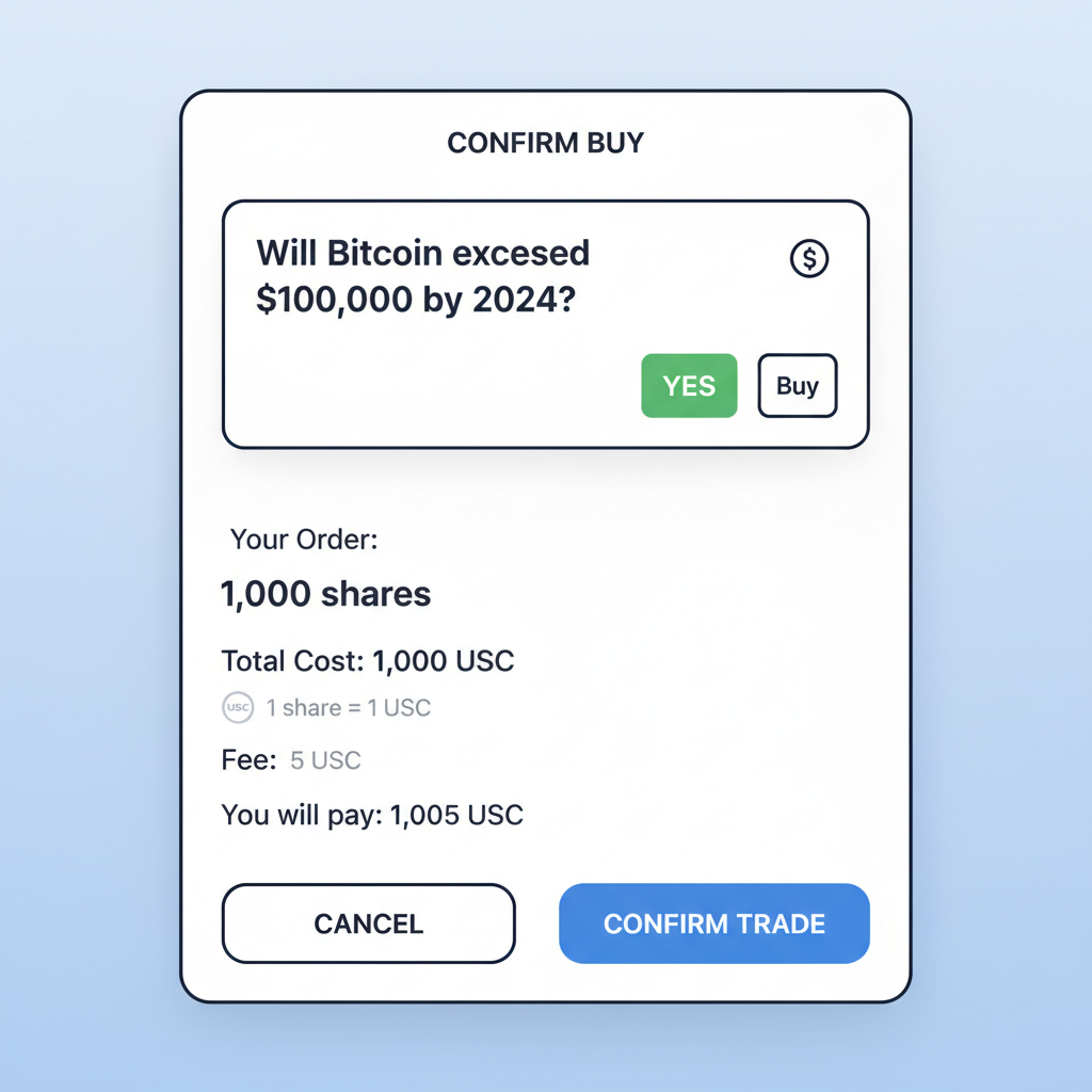 Polymarket trade confirmation screen with USDC buy order