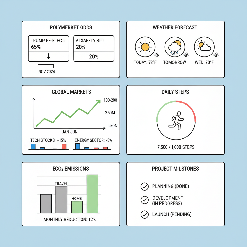 Multi-panel dashboard with Polymarket odds, weather forecasts, and charts