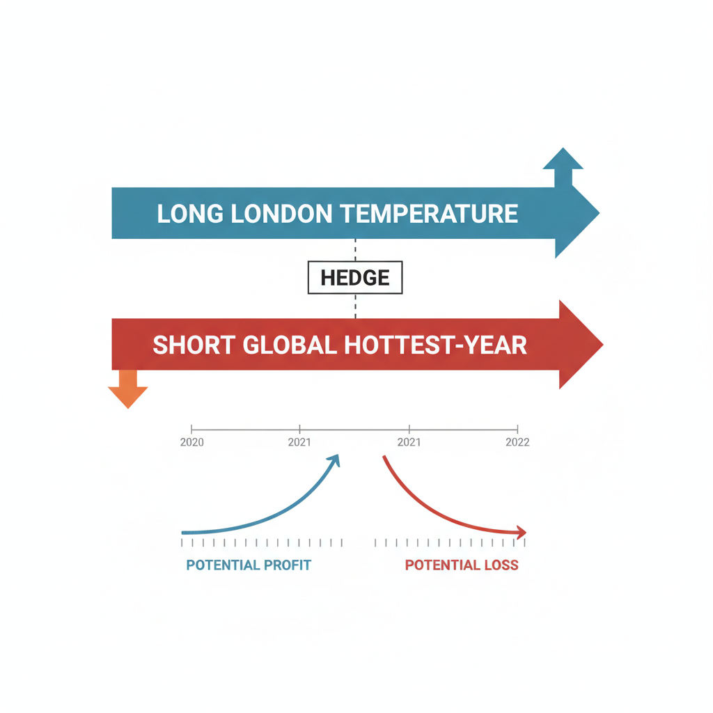 Diagram of long London temp and short global hottest-year hedge arrows