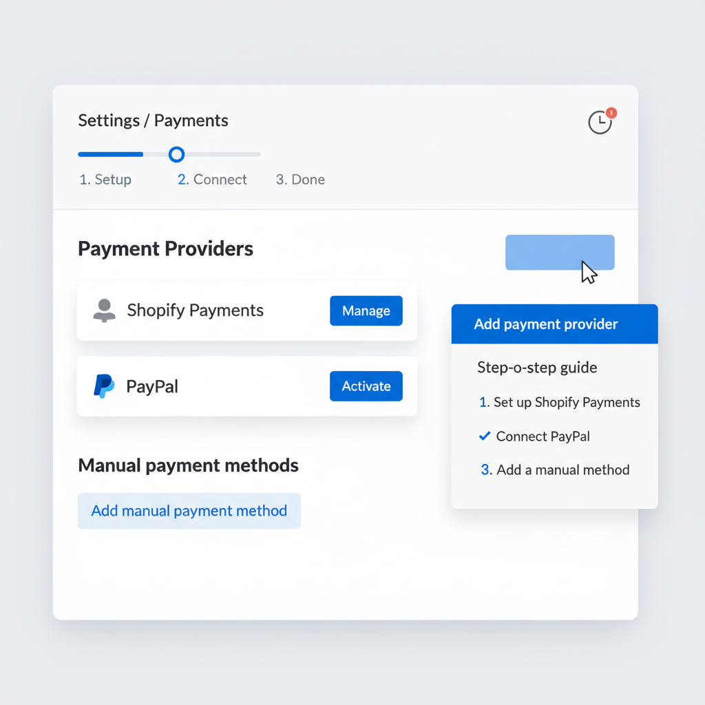 clean shopify admin dashboard payments settings page, modern UI, blue accents