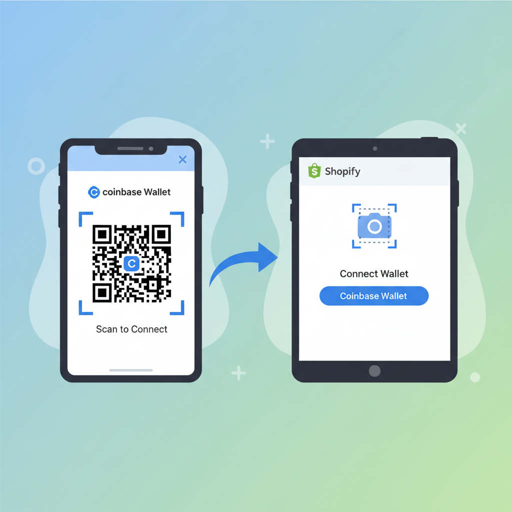 connecting coinbase wallet to shopify payments, wallet QR code scan illustration