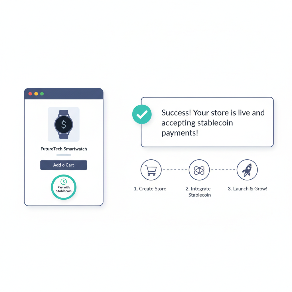 shopify store live with stablecoin payment badge, success launch notification