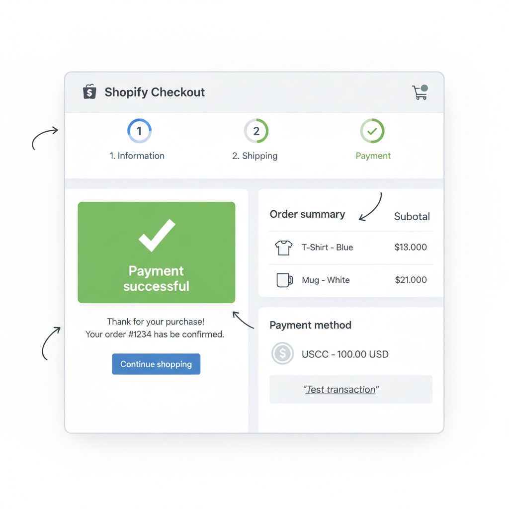 shopify checkout page with USDC payment selected, test transaction success screen