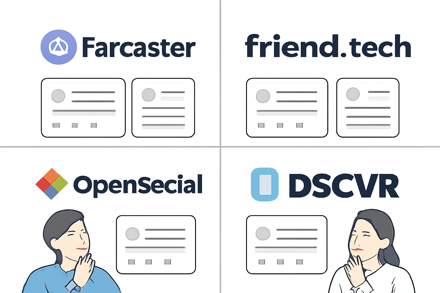 A split-screen showing logos and interfaces of Farcaster, Friend.tech, OpenSocial, and DSCVR, with users thoughtfully comparing them.