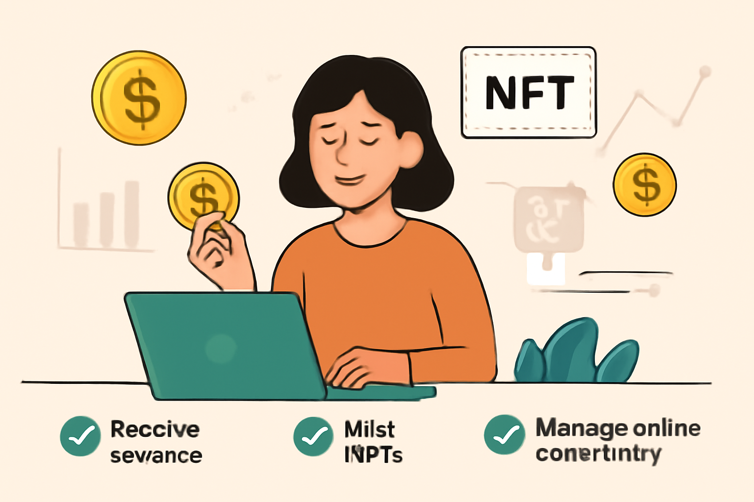 A creator receiving rewards, minting NFTs, and managing a vibrant online community, with digital tokens and charts in the background.