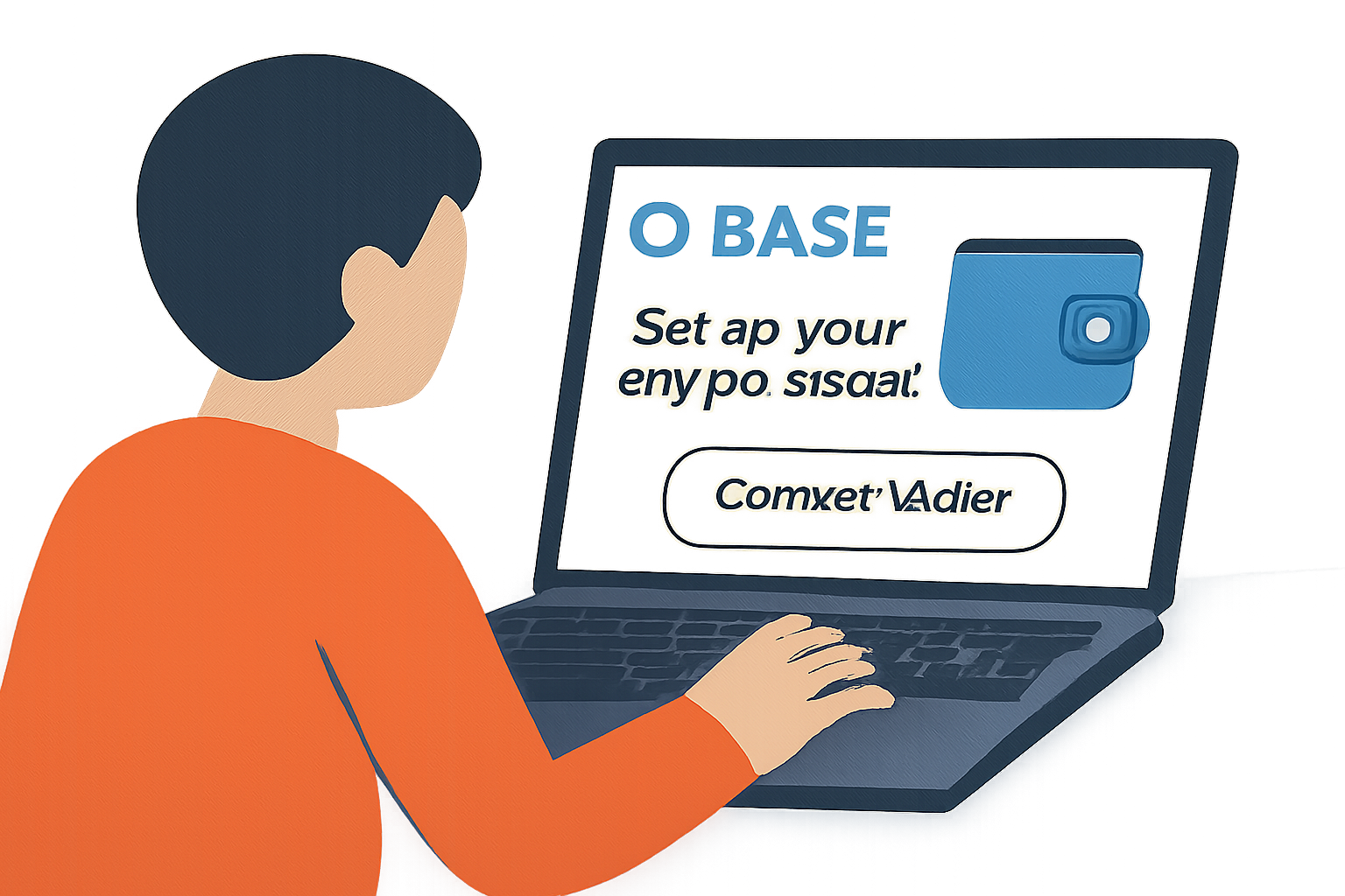 A user setting up a crypto wallet on a laptop, with the Base network logo and an interface prompting wallet connection.