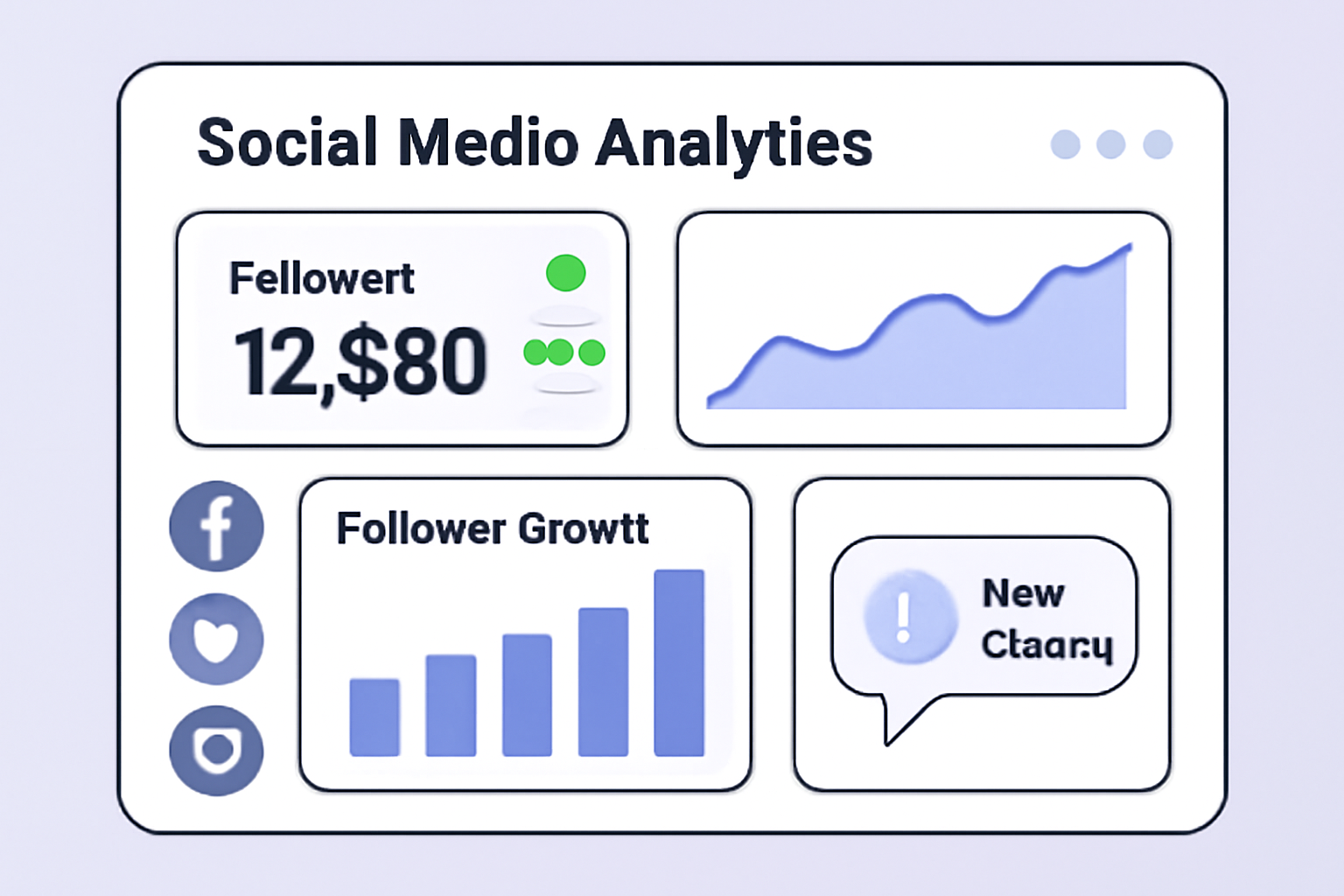A dashboard displaying social media analytics, follower growth charts, and notifications about new platform features.