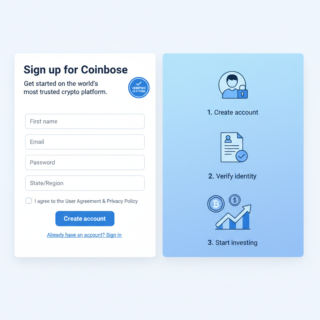 clean screenshot of Coinbase signup page with verification badge, simple UI, blue theme
