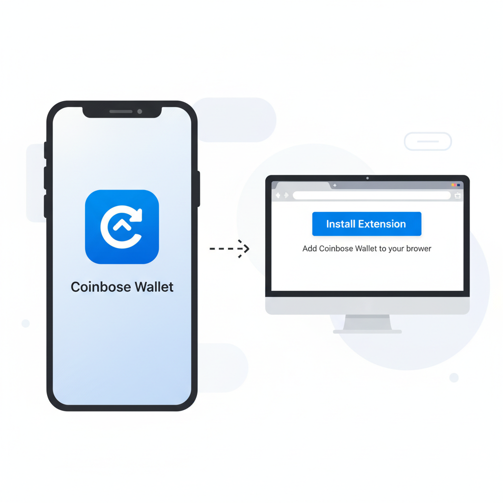 Coinbase Wallet app icon on phone screen, browser extension install, modern mobile interface