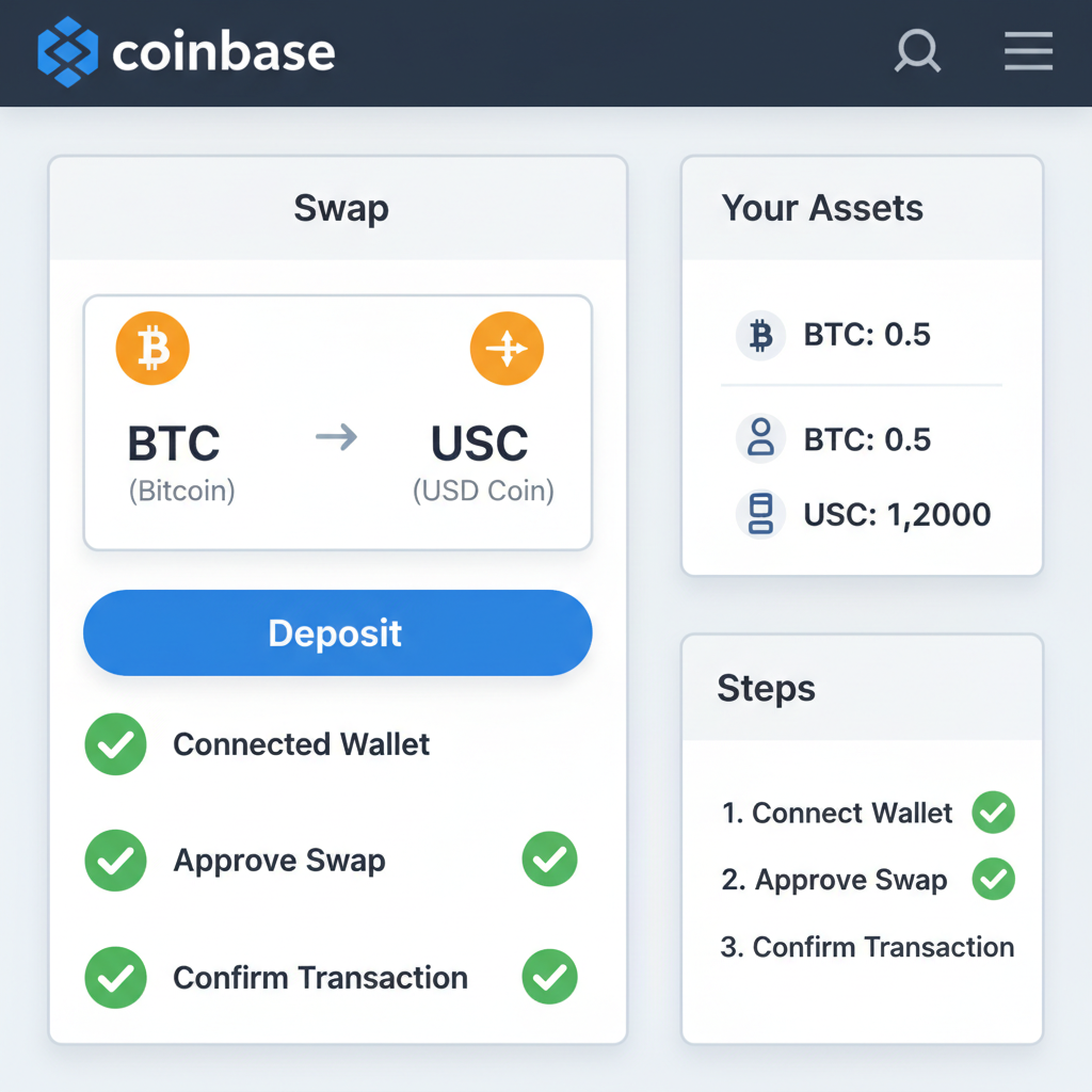 Coinbase exchange interface showing USDC swap, deposit button, green checkmarks