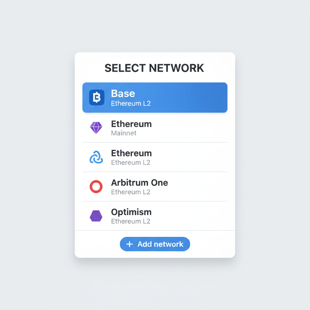 Coinbase Wallet network selector with Base highlighted, Ethereum L2 icons, simple menu