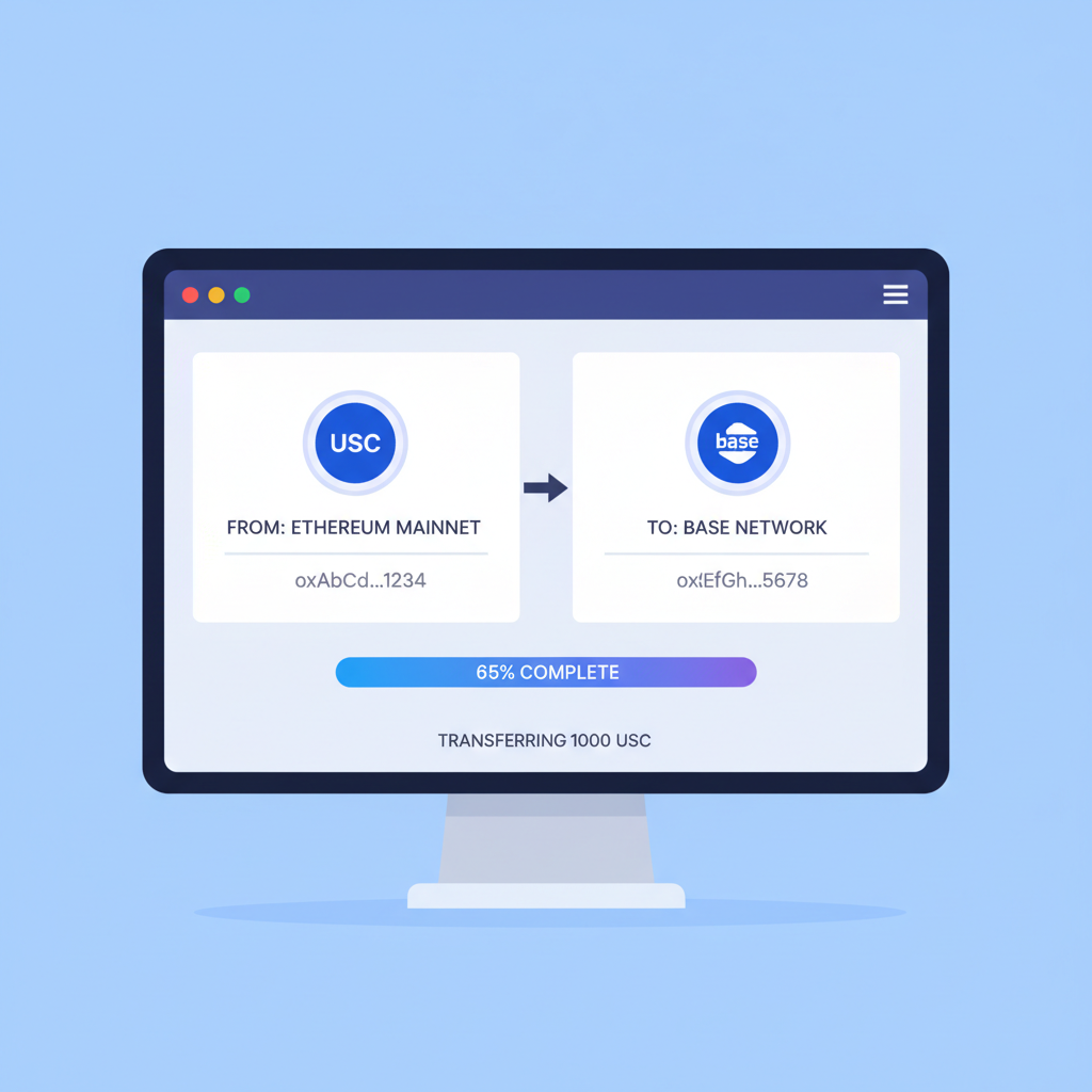 Bridge interface transferring USDC to Base, progress bar, wallet addresses visible