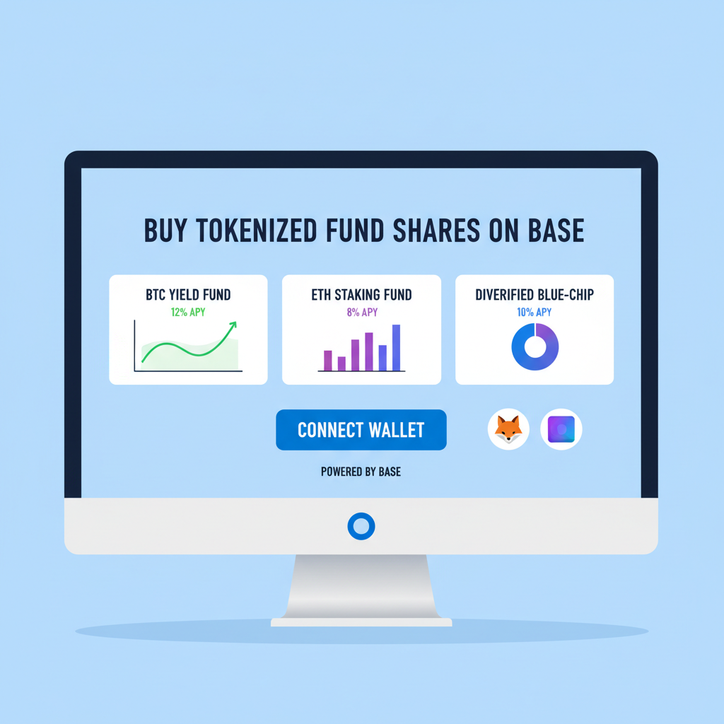 DeFi platform dashboard buying tokenized fund shares on Base, BTC yield graph, connect wallet button