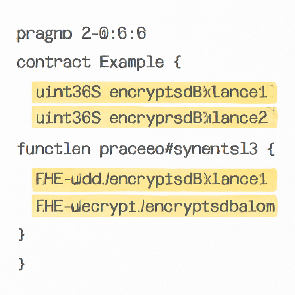 A Solidity contract snippet with highlighted encrypted balance variables and FHE function calls.