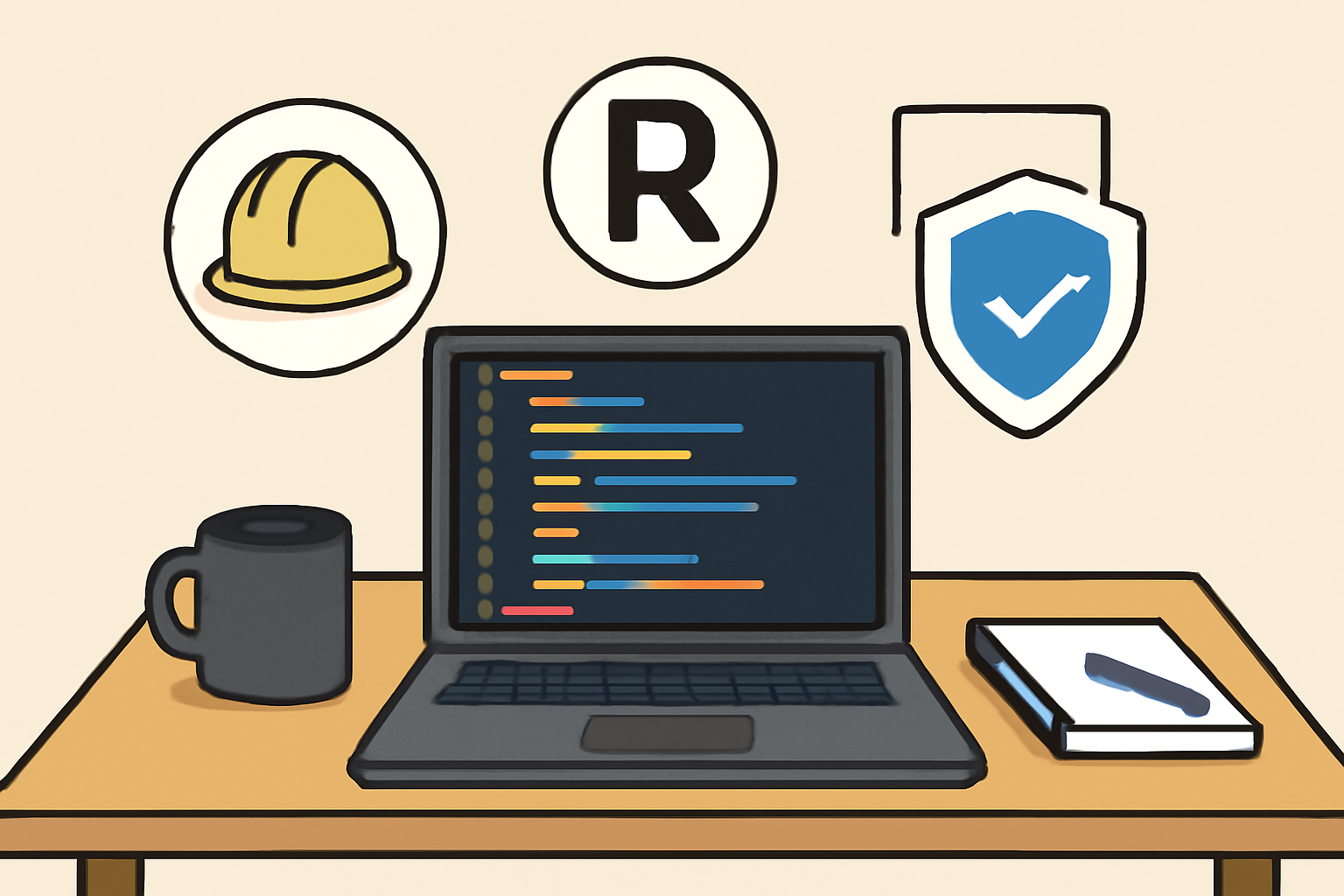 A developer's desk with a laptop displaying code, surrounded by icons of Hardhat, Remix, and a shield symbolizing FHE.