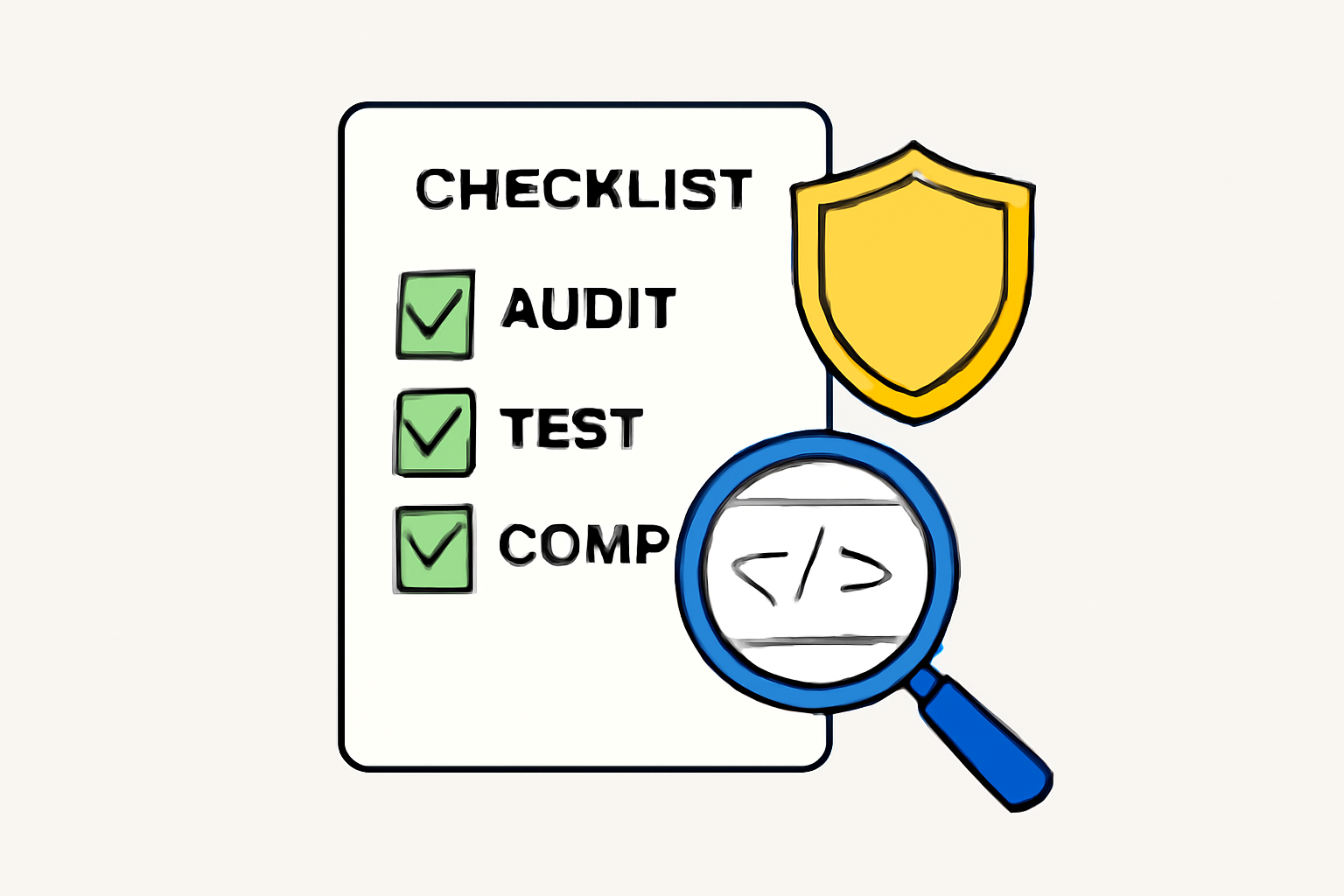 A checklist with audit, test, and compliance items, alongside a shield and a magnifying glass inspecting code.