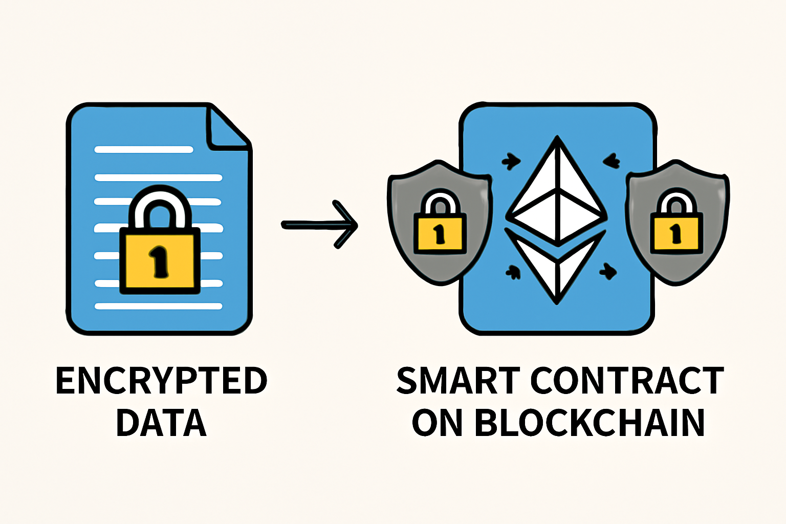 A conceptual diagram showing encrypted data being processed by a blockchain smart contract, with privacy shields and padlocks.