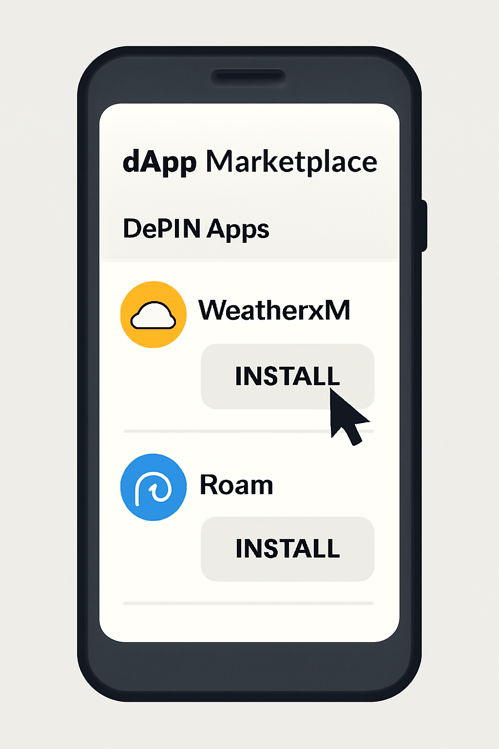A smartphone displaying a list of DePIN apps in a dApp marketplace, with icons for WeatherXM and Roam, and an install button highlighted.
