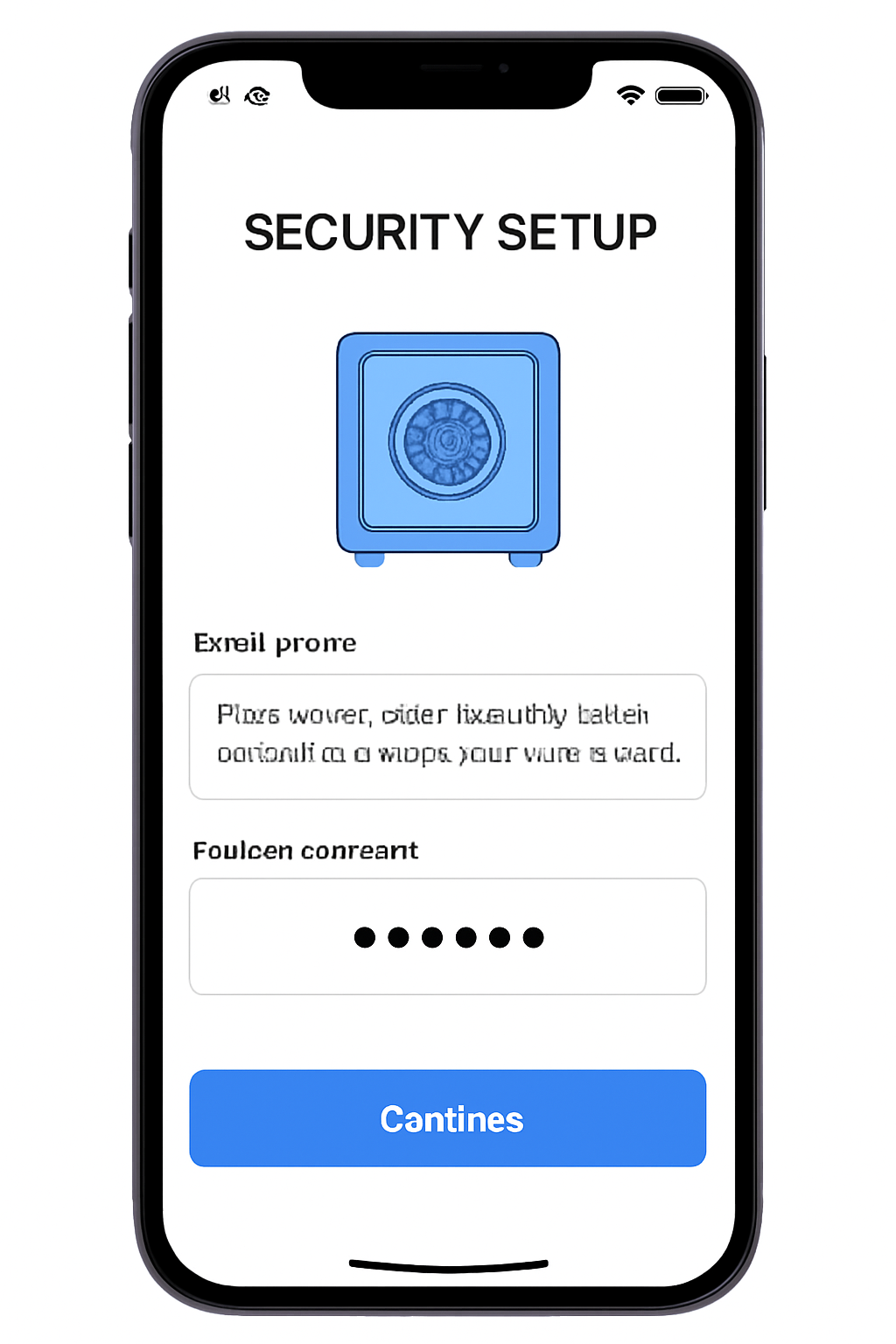 A modern smartphone screen displaying a security setup interface with a vault icon, seed phrase entry, and a secure passcode input, in a clean UI style.