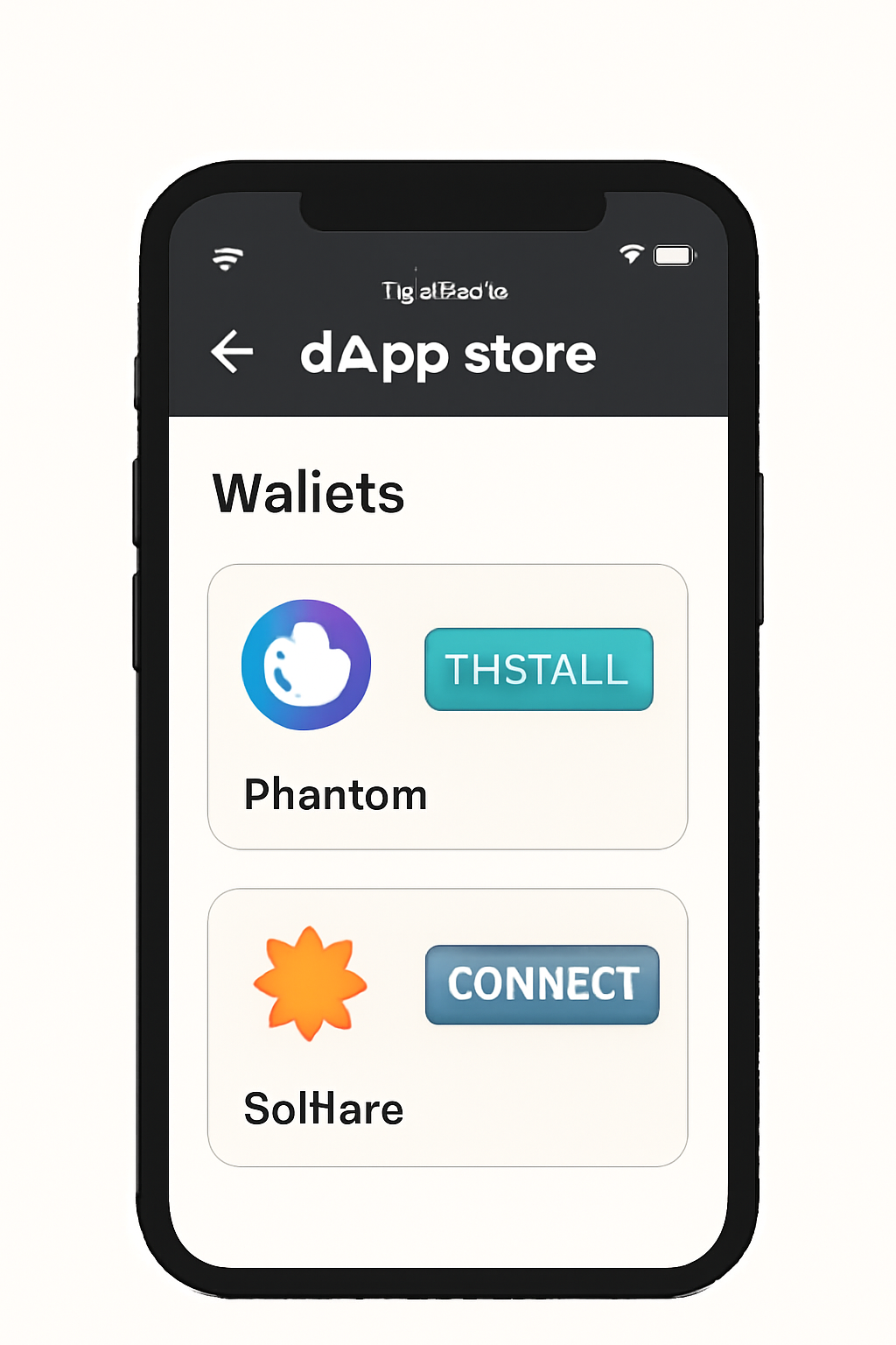 A smartphone showing the Solana dApp Store with wallet apps like Phantom and Solflare, highlighting the install and connect buttons.