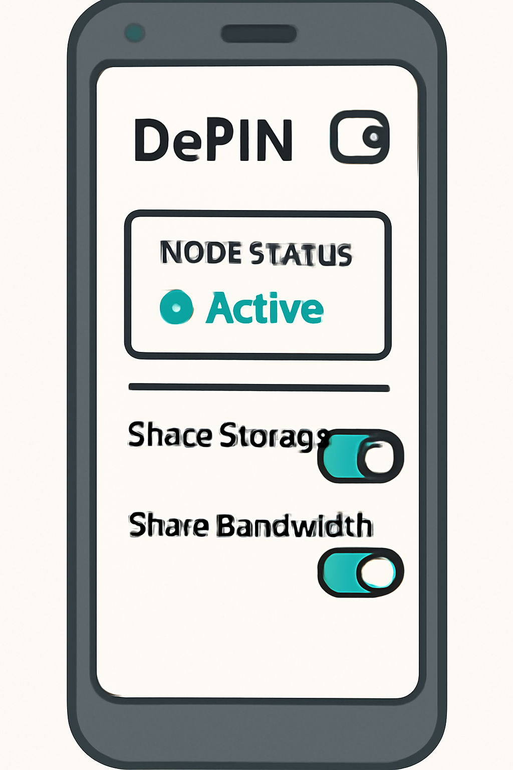 A phone screen showing a DePIN app dashboard with active node status, resource sharing toggles, and a connected wallet icon.
