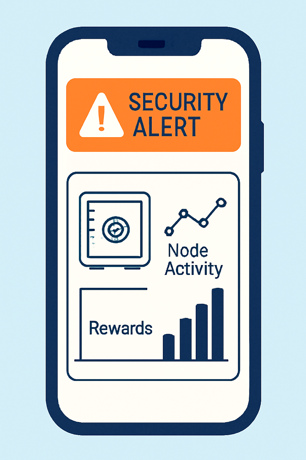 A smartphone with a security alert notification, a vault icon, and a dashboard showing node activity and rewards, in a reassuring visual style.