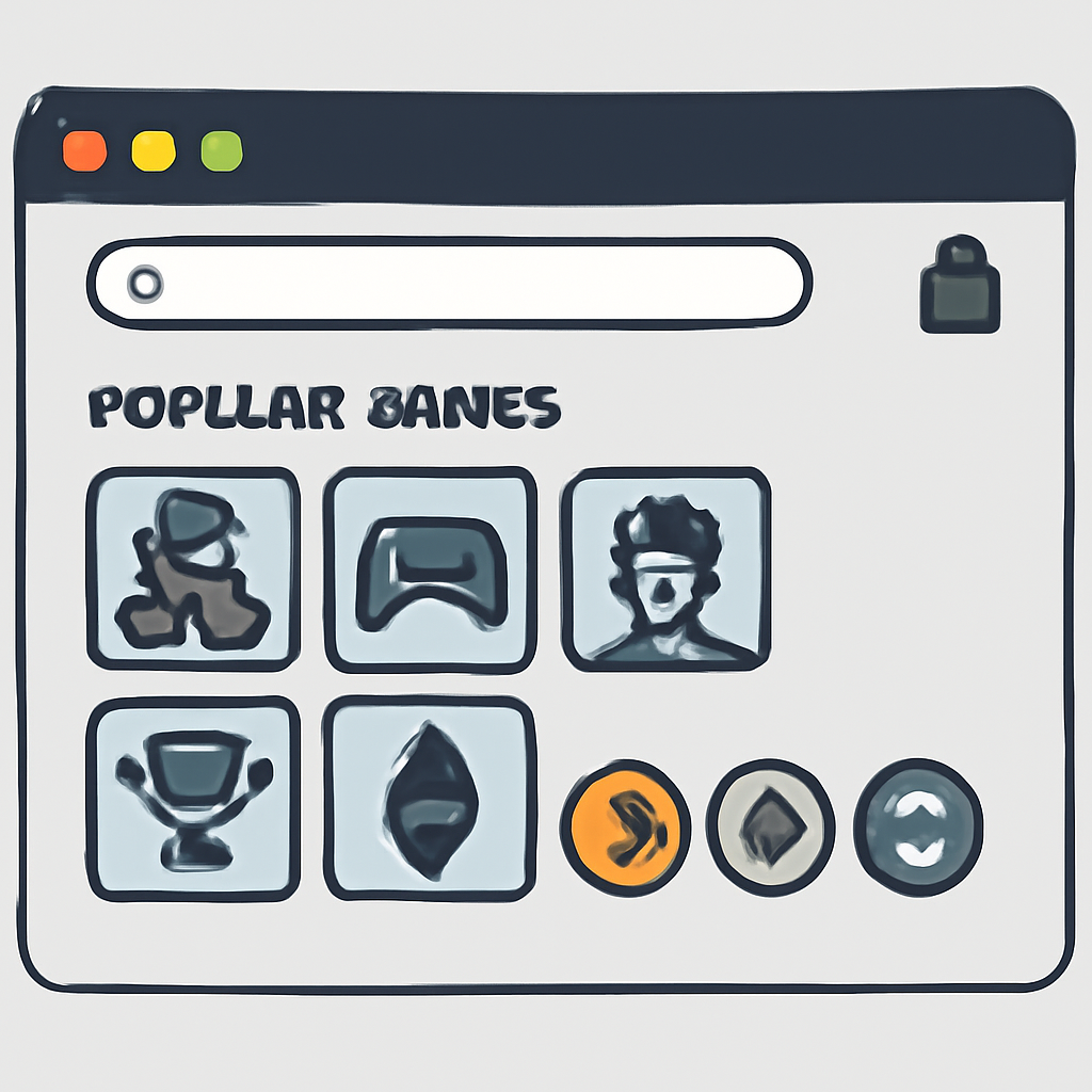 a modern, secure website interface displaying popular esports games and cryptocurrency icons