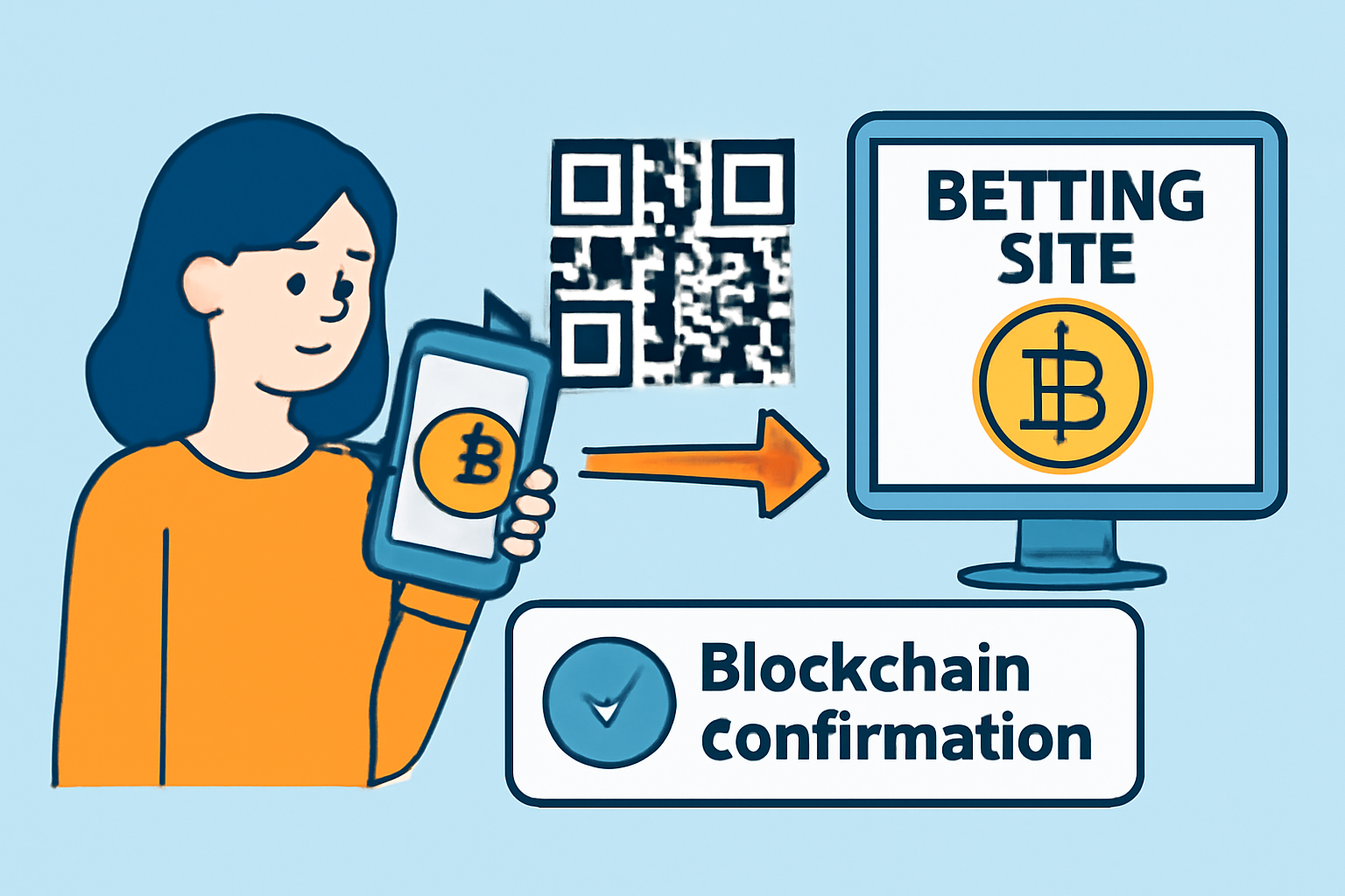 a user transferring Bitcoin from a wallet to a betting site using a QR code, with a blockchain confirmation screen