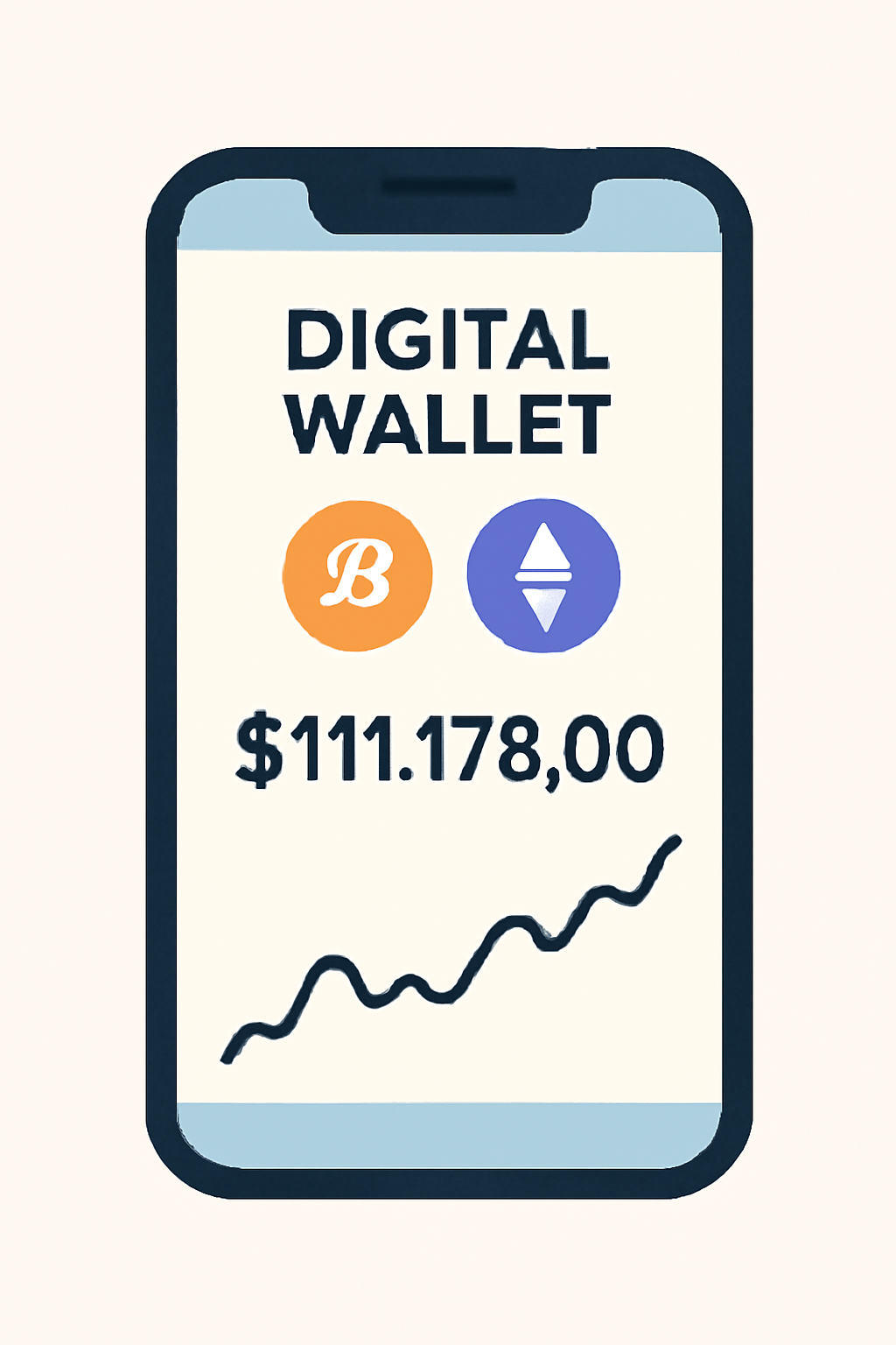 a digital wallet app on a smartphone with Bitcoin and Ethereum logos and a price chart showing $111,178.00