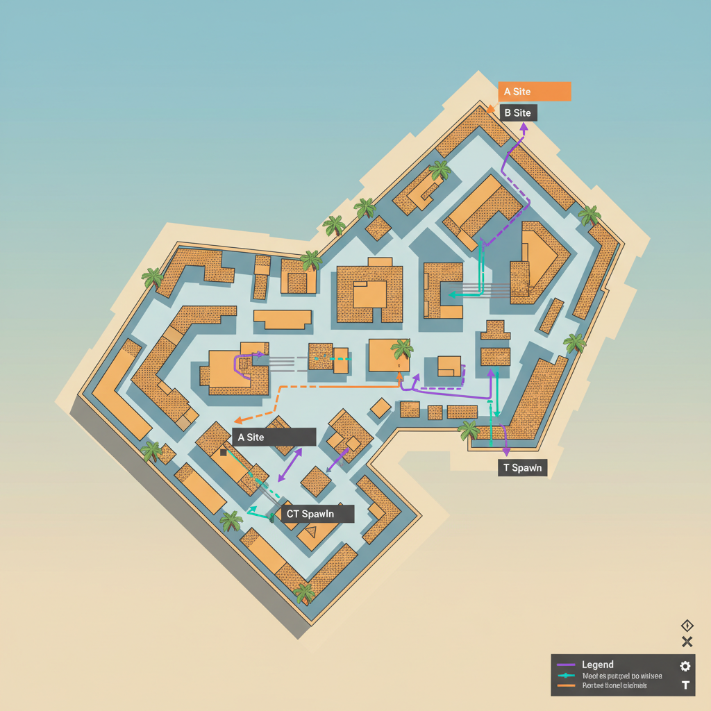 CS2 Mirage map aerial view, professional esports render, detailed textures