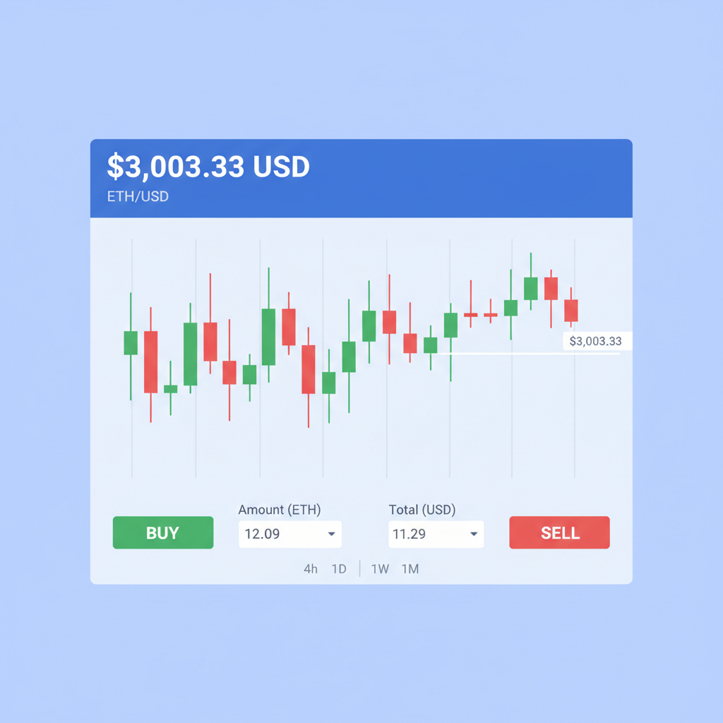 Ethereum ETH price chart at $3,003.33, candlestick graph, crypto trading interface