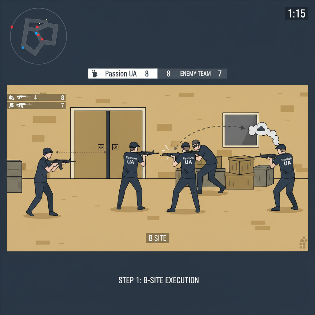 CS2 gameplay screenshot, Passion UA team in action, intense round on Dust2, esports match
