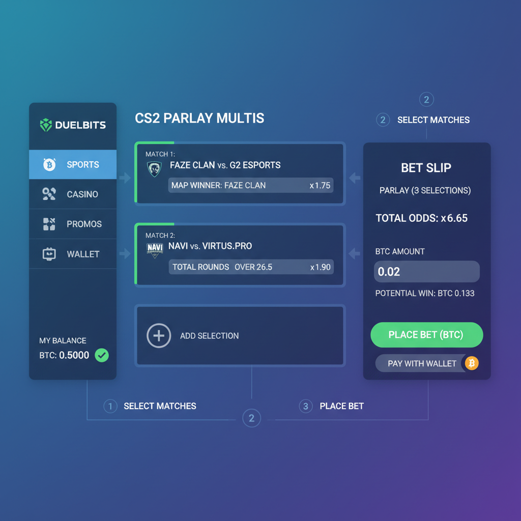 Duelbits crypto betting site interface, CS2 parlay multis with BTC wallet, sleek UI