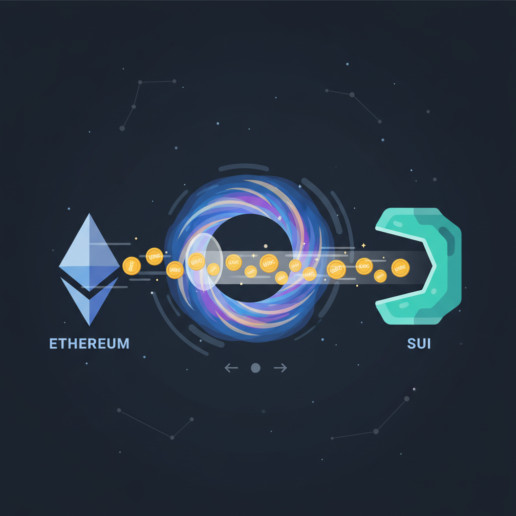glowing wormhole bridge connecting ethereum to sui blockchain, cosmic portal transferring usdc coins