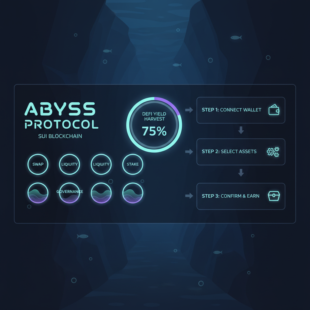 mysterious abyss protocol dashboard on sui blockchain, dark oceanic theme with glowing de-fi buttons