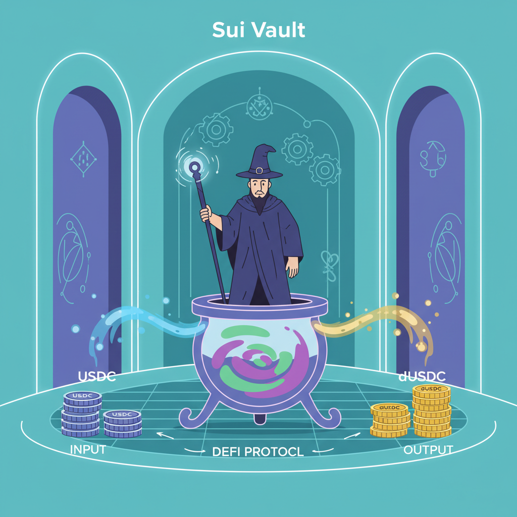 alchemist minting dbusdc from usdc in glowing sui vault, magical de-fi transformation scene