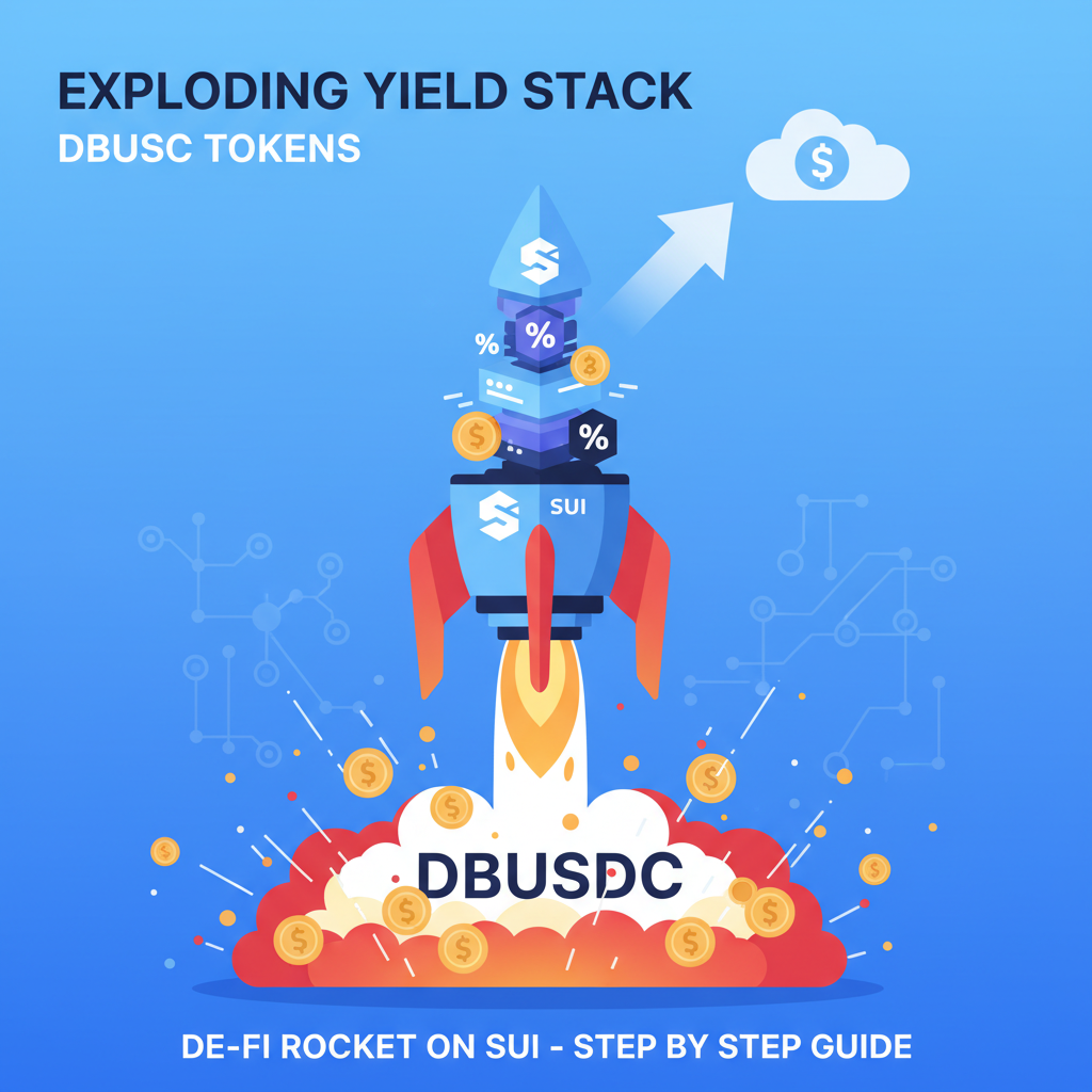 exploding yield stack with dbusdc tokens layering up, fiery de-fi rocket on sui