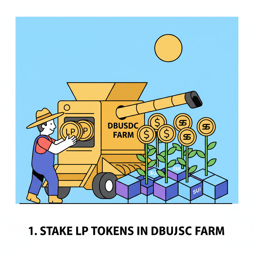 yield farmer staking lp tokens in dbusdc farm, golden crops growing on sui blockchain field