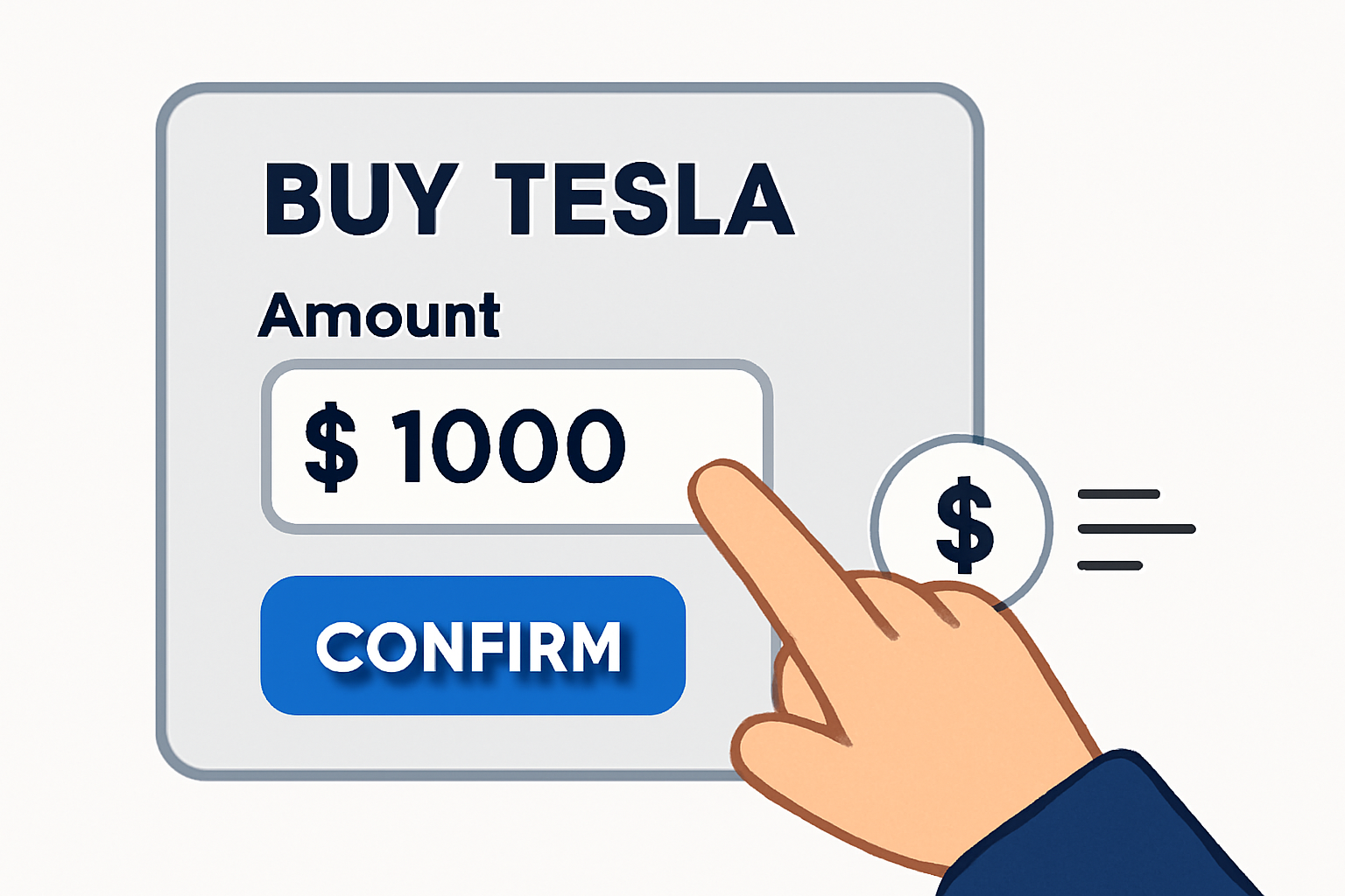A user entering an amount to buy Tesla xStock on a digital interface, with a confirm button and instant settlement animation.