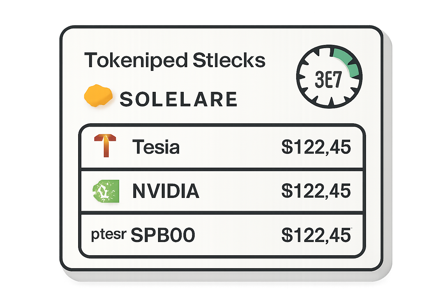 A digital dashboard displaying a list of tokenized stocks (Tesla, NVIDIA, SP500) with the Solflare logo and a 24/7 clock symbol.