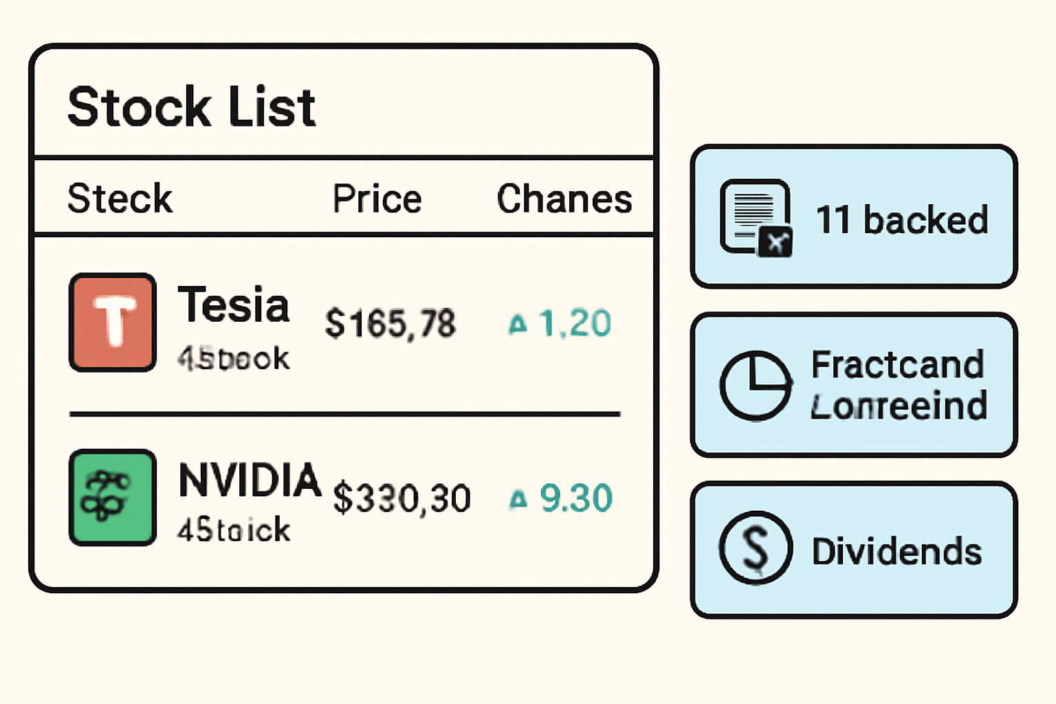 A close-up of a digital stock list, highlighting Tesla and NVIDIA xStocks, with info boxes showing '1:1 backed', 'fractional ownership', and 'dividends'.