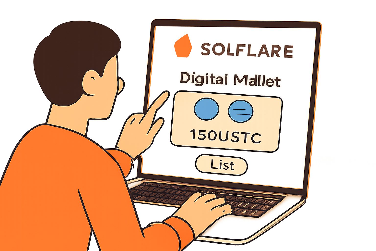 A person setting up a digital wallet on their laptop, showing the Solflare logo and USDC tokens ready for use, in a modern, clean interface.