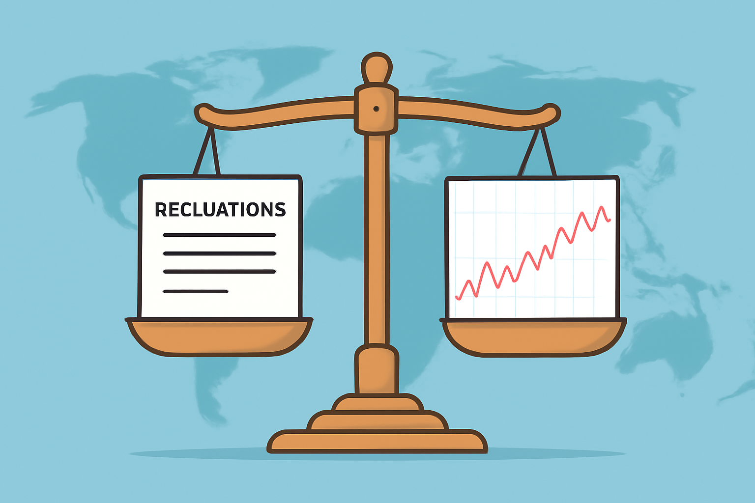 A balanced scale with a document labeled 'Regulations' on one side and a fluctuating stock chart on the other, set against a global backdrop.